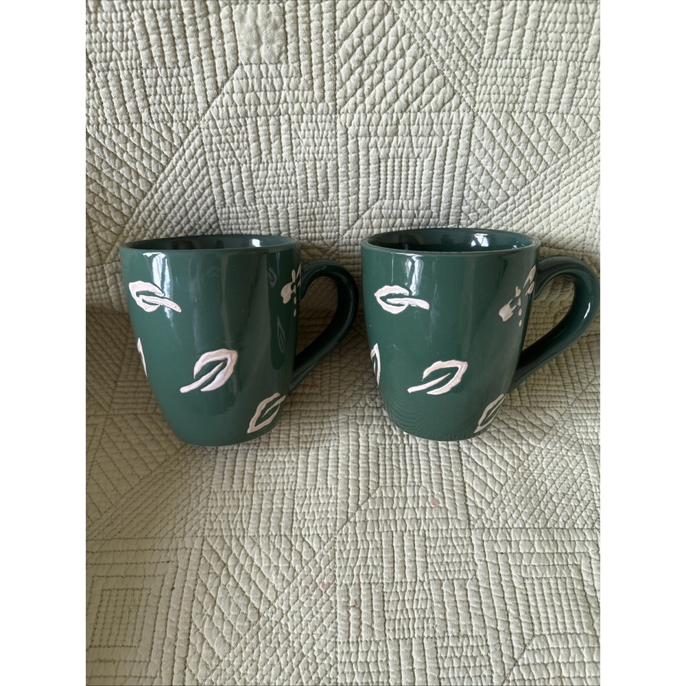 Pier 1 Imports Green Botanical Leaf Coffee Mugs Set of 2 Woodland Cottagecore